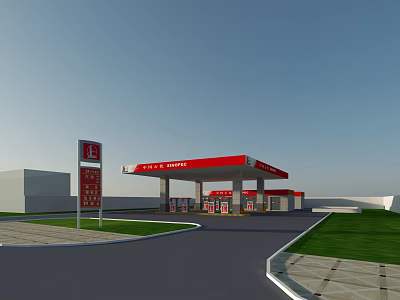 Gas Station Exterior With Red Canopy Fuel Pumps Road And Grass Lawn Signboard 3d model