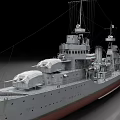 Detailed 3D Model of Large Warship With Turrets Antennas and Red Bottom Hull