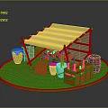Outdoor Market Stall Scene With Wooden Structure White Canvas Roof Red Crates And Clay Pots