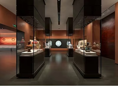 Cultural Museum Interior Design With Glass Display Cases And Ancient Cultural Relics 3d model