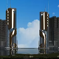 Modern High Rise Office Building With Glass Facade Waterfront Greenery And Blue Sky