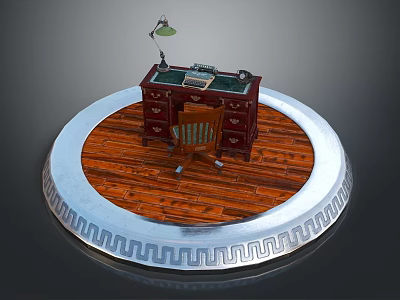 Classic Wooden Desk With Chair Table Lamp And Typewriter On Wooden Floor 3d model