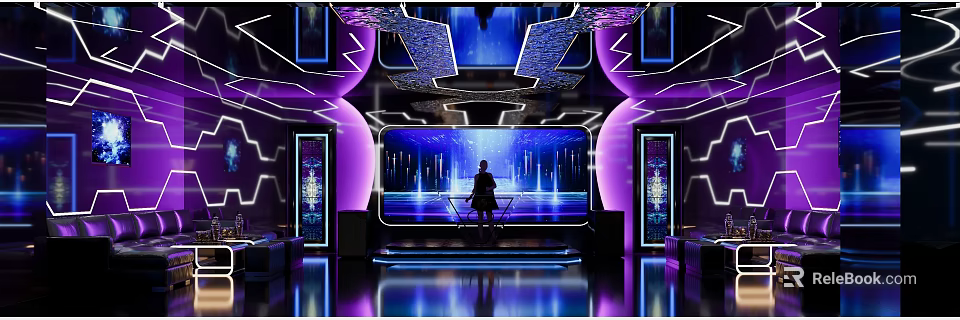 Futuristic Bar Interior With Purple Lighting Stage Neon Lights Background Screen And Person Silhouette 3d model 