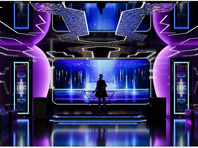 Futuristic Bar Interior With Purple Lighting Stage Neon Lights Background Screen And Person Silhouette 3d model