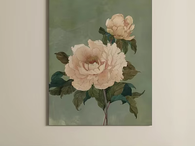 Elegant Oil Painting with Green Background Two Pink Peonies and Green Leaves 3d model