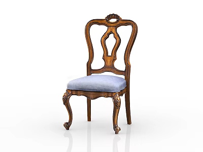 Classic Wooden Dining Chair With Carved Backrest Curved Legs And Blue Padded Seat 3d model