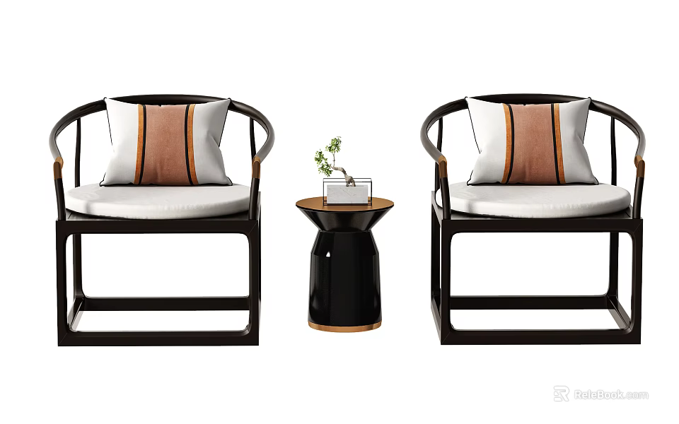 Modern Chair And Table Set With Black Frame White Cushion And Striped Pillows 3d model 