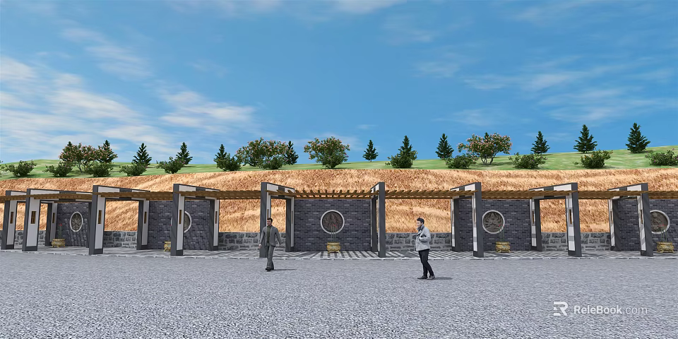 Outdoor Pergola with Circular Windows Stone Pavement and Green Trees Under Blue Sky 3d model 