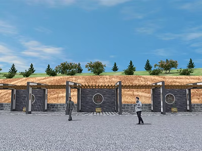 Outdoor Pergola with Circular Windows Stone Pavement and Green Trees Under Blue Sky 3d model