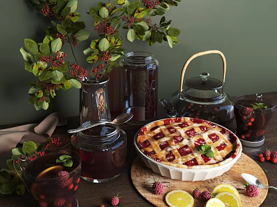 Homemade Cherry Pie with Lattice Crust Lemon Slices Raspberries Glass Jars Teapot and Green Plants 3d model