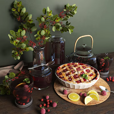 Homemade Cherry Pie with Lattice Crust Lemon Slices Raspberries Glass Jars Teapot and Green Plants 3d model