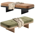 Upholstered Sofa Bench in Brown and Green with Light Blanket and Wooden Base