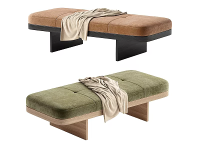 Upholstered Sofa Bench in Brown and Green with Light Blanket and Wooden Base 3d model