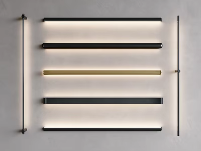Modern Strip Wall Lights in Black and Gold Neatly Arranged on Gray Wall 3d model