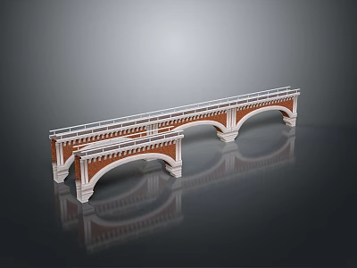 Red Brick Arched Bridge Structure With White Railings And Reflective Design 3d model