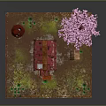 Modern Rural Scene With Small House Pink Cherry Blossom Tree Wooden Fence And Well