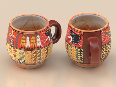 Hand Painted Ceramic Mugs With Colorful Geometric Patterns And Animal Motifs 3d model