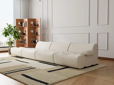 White Modern Three Seater Sofa With Striped Rug Wooden Bookshelf Green Plant And Decorative Wall 3d model