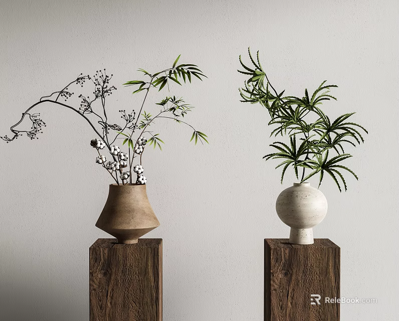 Two Minimalist Ceramic Vases with Fresh Green Plants on Wooden Pedestals 3d model 