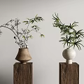Two Minimalist Ceramic Vases with Fresh Green Plants on Wooden Pedestals