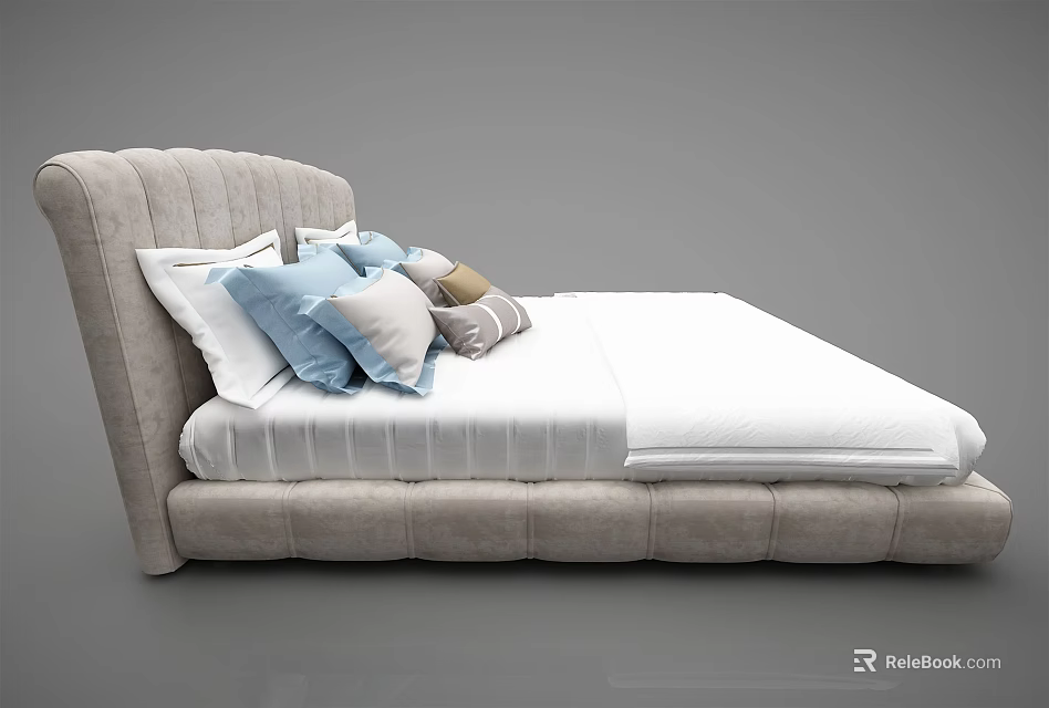 Comfortable Modern Upholstered Double Bed With Curved Headboard White Sheet And Colorful Pillows 3d model 