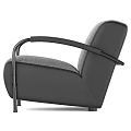 Modern Grey Fabric Armchair With Black Metal Armrests And Sleek Contemporary Design