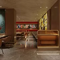 Modern Restaurant Interior With Red Walls Food Display Posters Dining Tables And Chairs