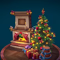 Festive Christmas Scene With Decorated Fireplace Burning Fire Christmas Stockings Tree And Gifts