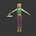3D Character With Orange Hair Green Overalls Holding Tray And Small Object