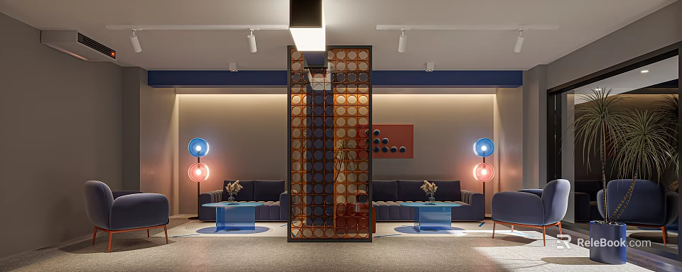Modern Conference Room Interior With Decorative Partition Blue Lamps Sofas And Coffee Tables 3d model 