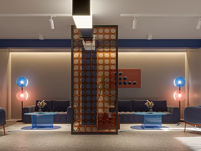 Modern Conference Room Interior With Decorative Partition Blue Lamps Sofas And Coffee Tables 3d model
