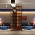 Modern Conference Room Interior With Decorative Partition Blue Lamps Sofas And Coffee Tables