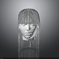Futuristic Humanoid Character Head With Shiny Silver Dangling Chains And Tassel Decorations