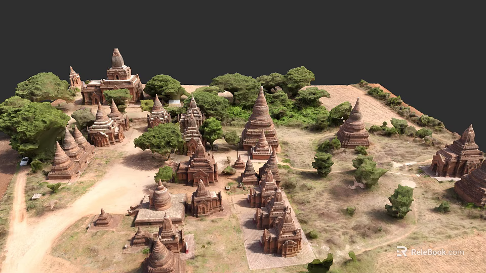 Ancient Pagoda City Architecture Model With Trees And Traditional Layout 3d model 