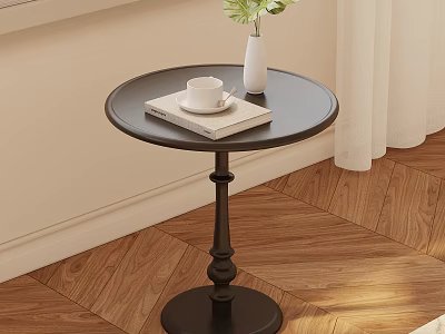 Round Black Side Table With White Cup Book And Green Plant On Wooden Floor 3d model