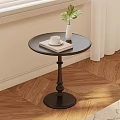 Round Black Side Table With White Cup Book And Green Plant On Wooden Floor