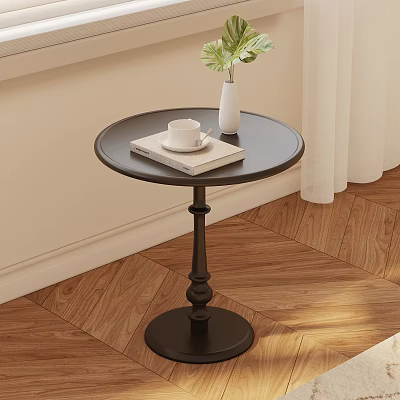 Round Black Side Table With White Cup Book And Green Plant On Wooden Floor 3d model