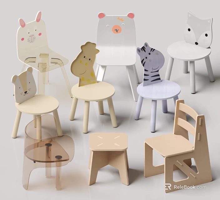 Cute Animal Shaped Children's Chairs With Various Wooden Designs And Animal Heads Including Rabbit Bear Fox 3d model 
