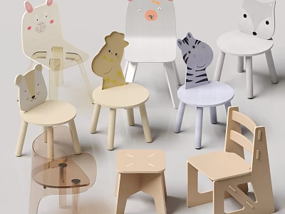 Cute Animal Shaped Children's Chairs With Various Wooden Designs And Animal Heads Including Rabbit Bear Fox 3d model