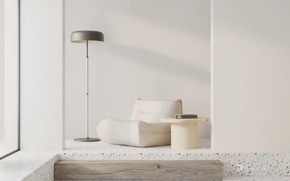 Minimalist White Bean Bag Chair with Floor Lamp Side Table and Book in Modern Room 3d model 