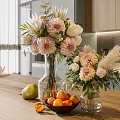 Glass Vase With Pink Dahlias White Flowers Pampas Grass On Wooden Table With Oranges Pear