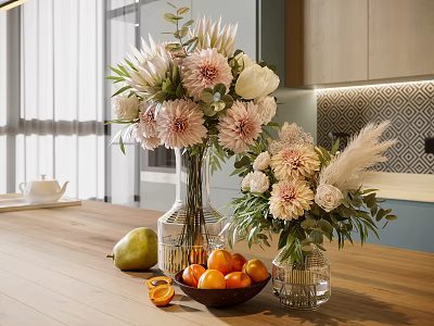 Glass Vase With Pink Dahlias White Flowers Pampas Grass On Wooden Table With Oranges Pear 3d model