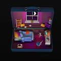 Cartoon Scene Inside Open Blue Suitcase With Pink Floor Bed Window Moon And Stars