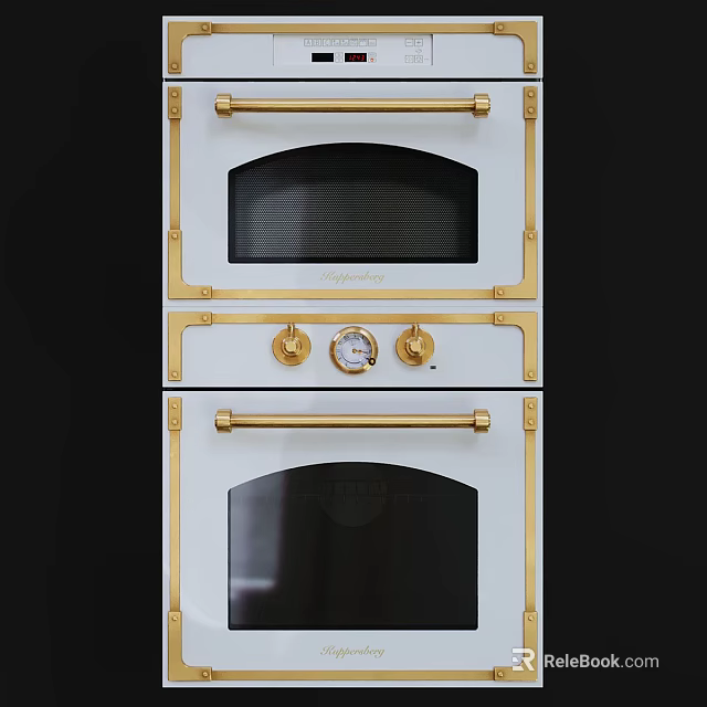 Elegant White And Gold Kitchen Oven With Brass Handles And Control Knobs Design 3d model 