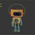 Yellow Robot Character Design With Headphones Digital Screen Green Straps And Blue Feet