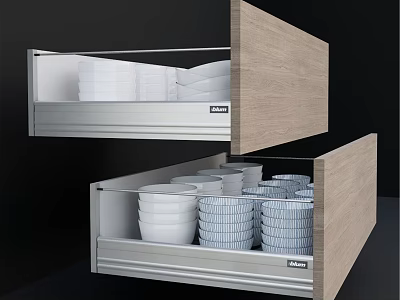 Organized Dinnerware Set Storage In Wooden Drawers With Neatly Arranged White Plates And Bowls 3d model
