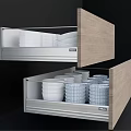 Organized Dinnerware Set Storage In Wooden Drawers With Neatly Arranged White Plates And Bowls