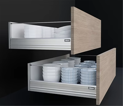 Organized Dinnerware Set Storage In Wooden Drawers With Neatly Arranged White Plates And Bowls 3d model