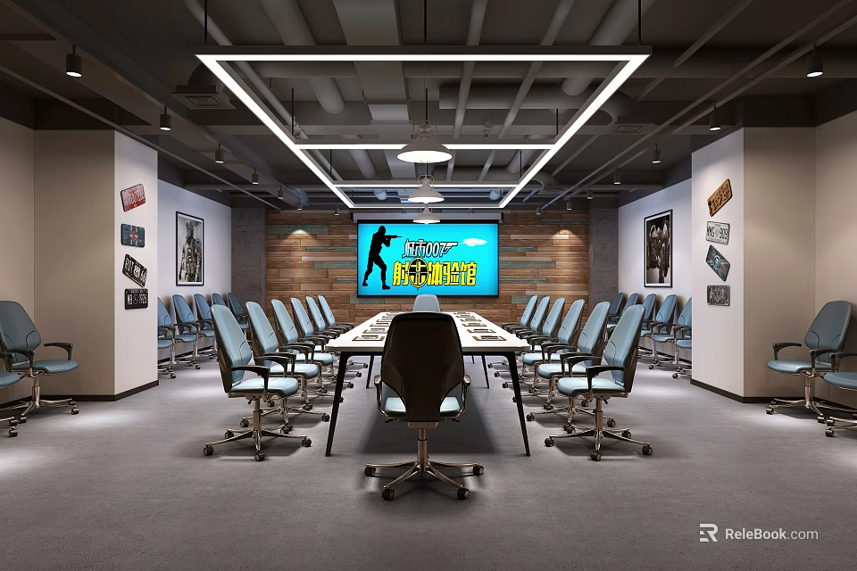 Modern Conference Room With Long Table Office Chairs Large Screen And Decorative Paintings 3d model 