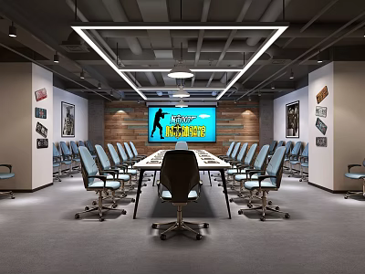 Modern Conference Room With Long Table Office Chairs Large Screen And Decorative Paintings 3d model